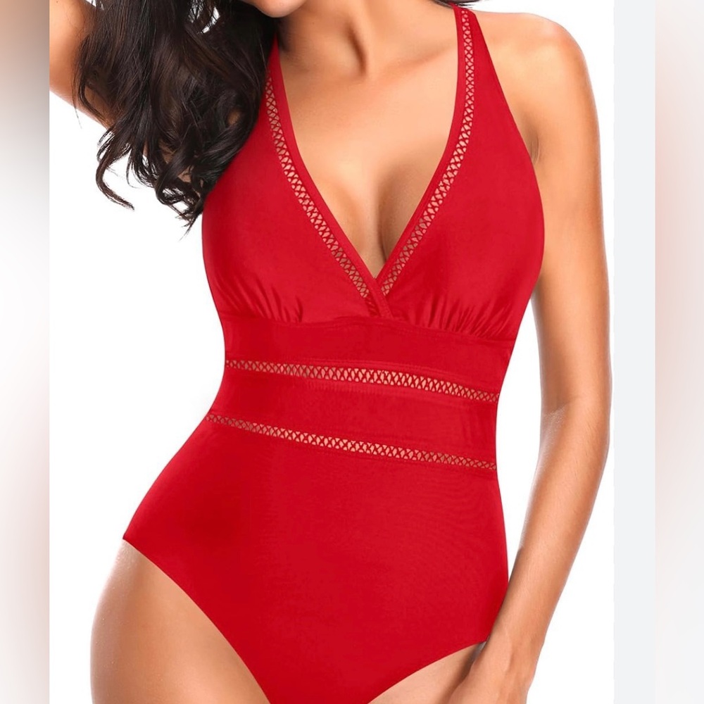 NWT Tempt Me Red Halter Plunge V Neck Mesh Hollow Out 1 Pc Swimsuit Size M